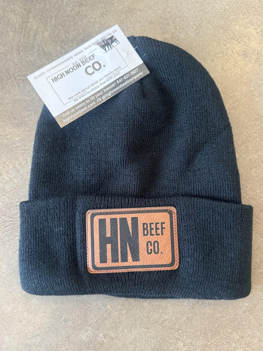 Black Beanie with brown leather patch