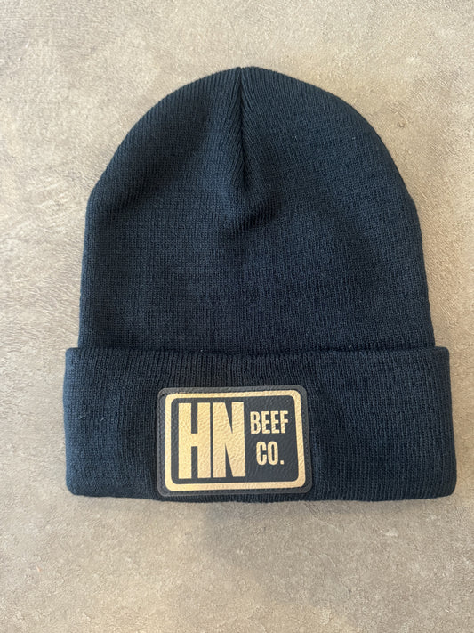 Black Beanie with Black and Gold leather patch